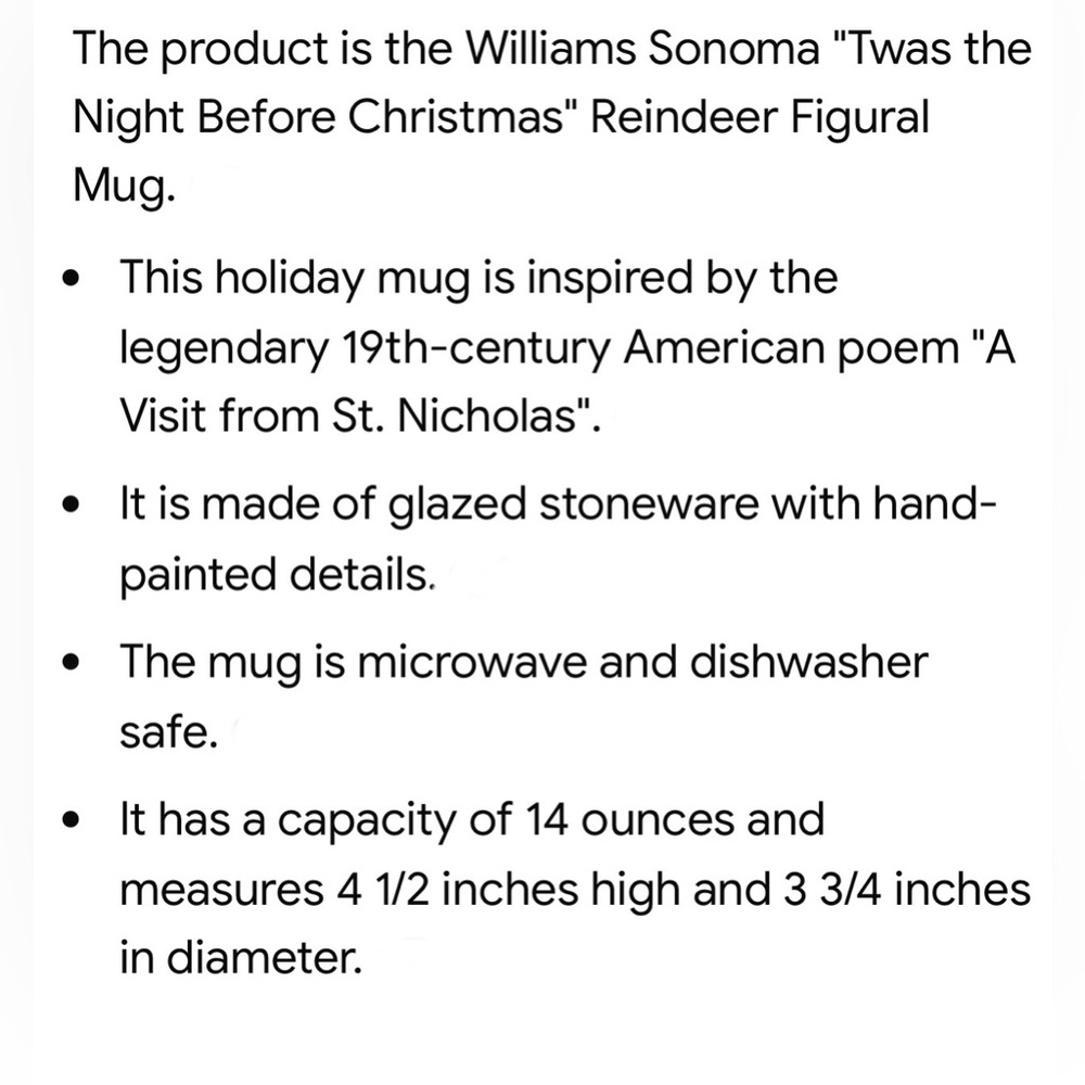 WILLIAMS SONOMA (2) Twas The Night Before Christmas Reindeer Mugs - Picture 5 of 6